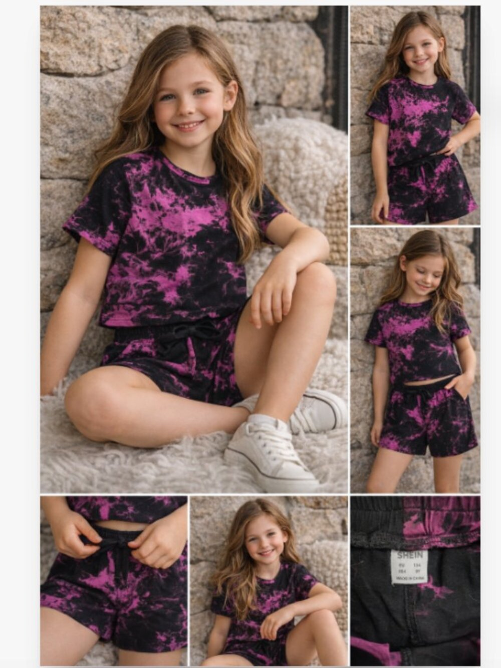Girls Tie Dye Matching Set Pink Black T-Shirt & Shorts Size 9Y